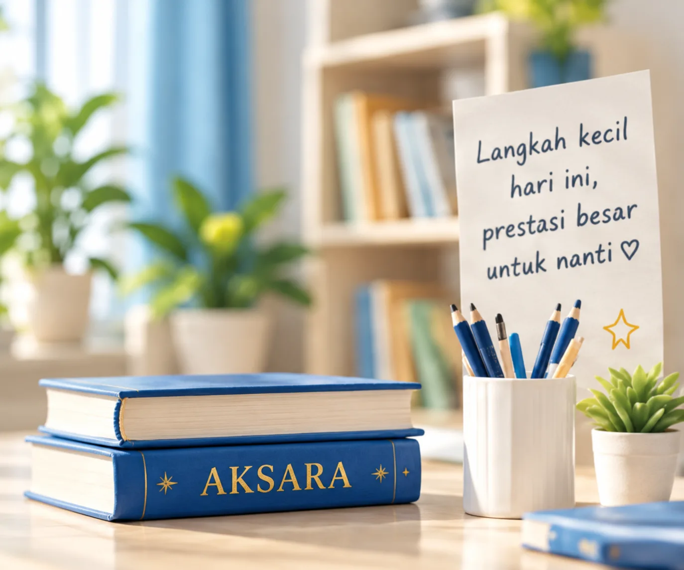 Meja belajar dengan buku Aksara, gelas pensil, dan catatan Langkah kecil hari ini, prestasi besar untuk nanti